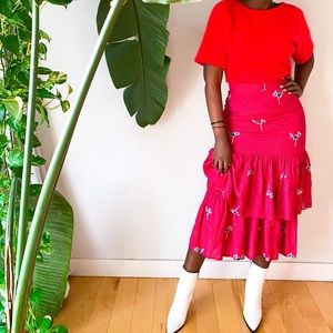 Red print ruffled layered maxi skirt